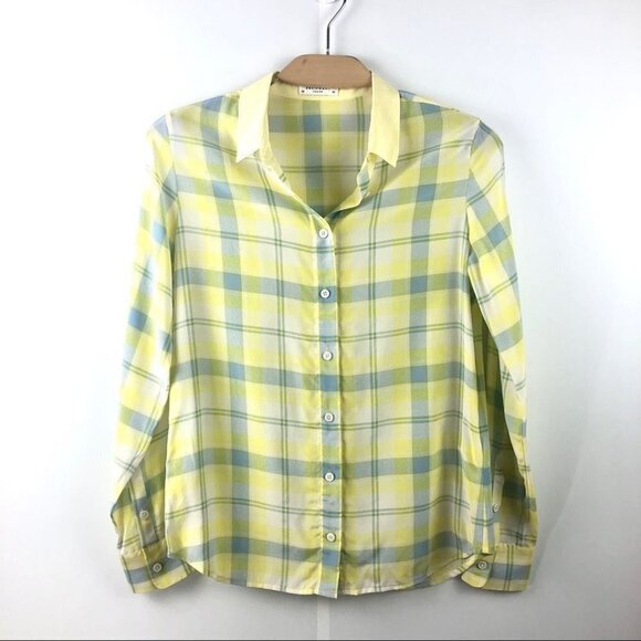 ** ð
ºEQUIPMENT Yellow Plaid Silk Button Up Blouse Size XS - Picture 2 of 7